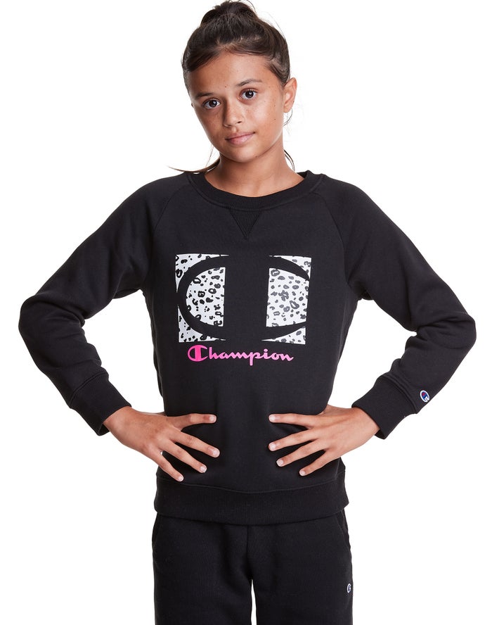 Champion Fleece Raglan Crew Leopard Knockout Logo Hoodie Meisjes - Zwart - Belgie 5241DBILE